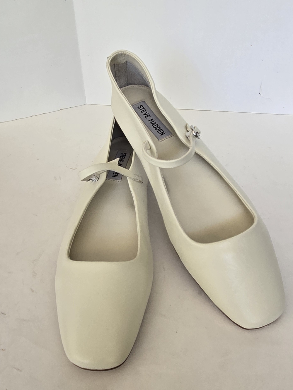 Steve Madden Ivory Square-Toe Mary Jane Flats with Bow Detail